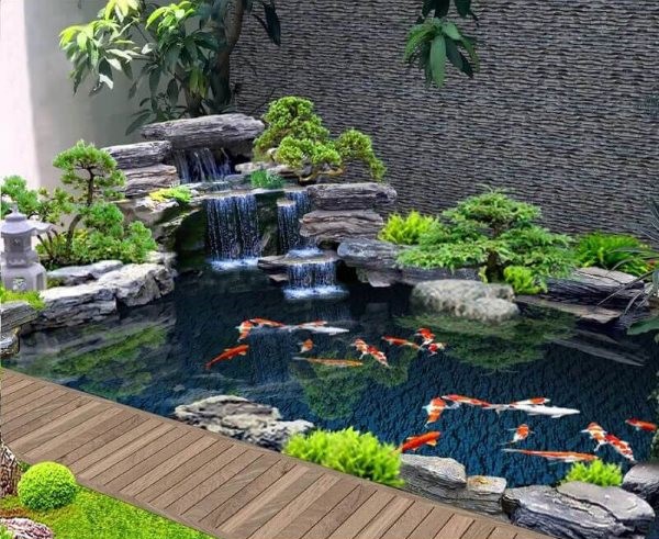 Đá chẻ sóng tạo điểm nhấn độc đáo cho hồ cá