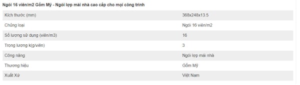 Thông số kỹ thuật ngói mũi tên 16 Gốm Mỹ Thông số kỹ thuật ngói mũi tên 16 Gốm Mỹ